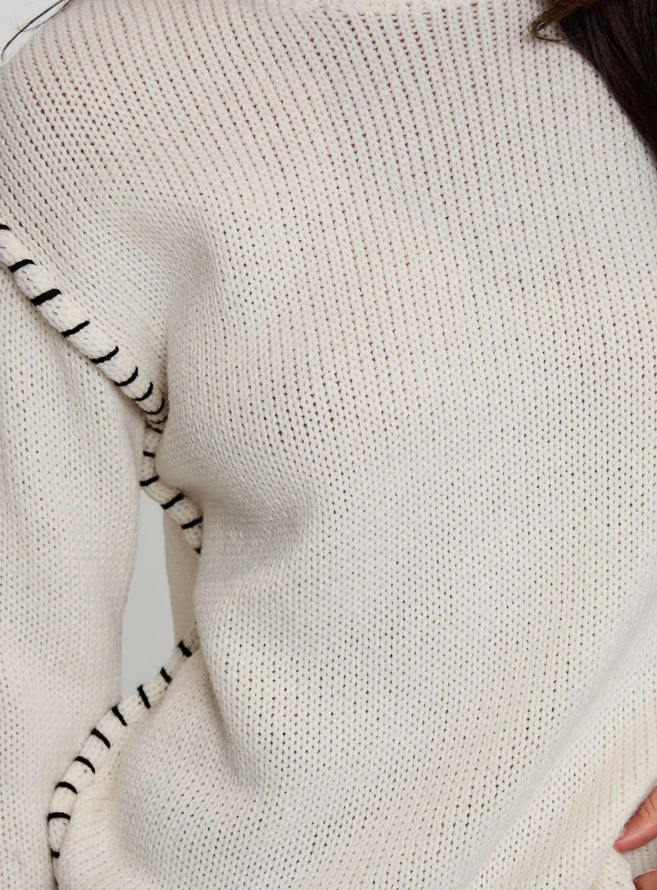 Change The Weather Contrast Stitch Knit Sweater Cream