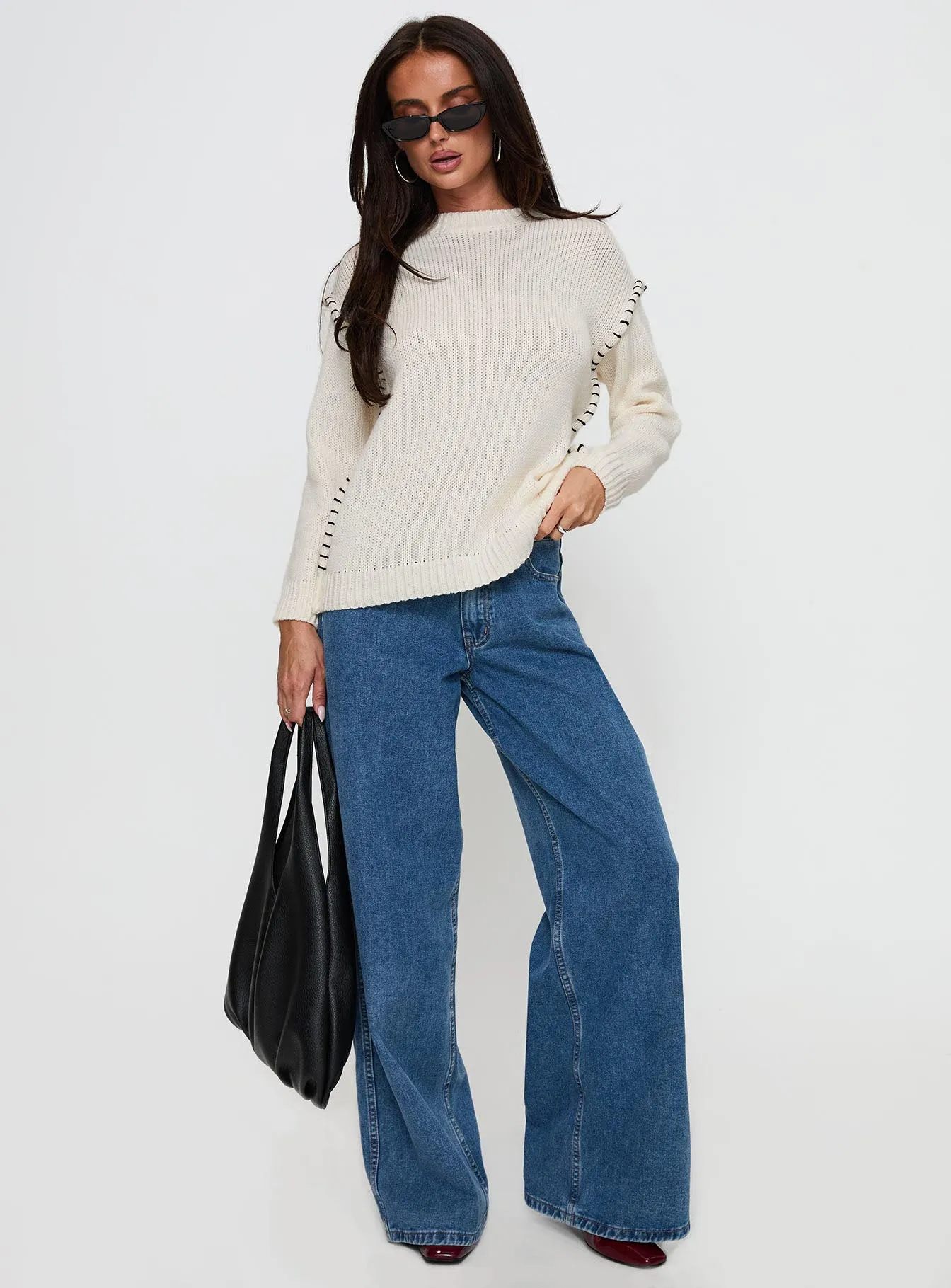 Change The Weather Contrast Stitch Knit Sweater Cream