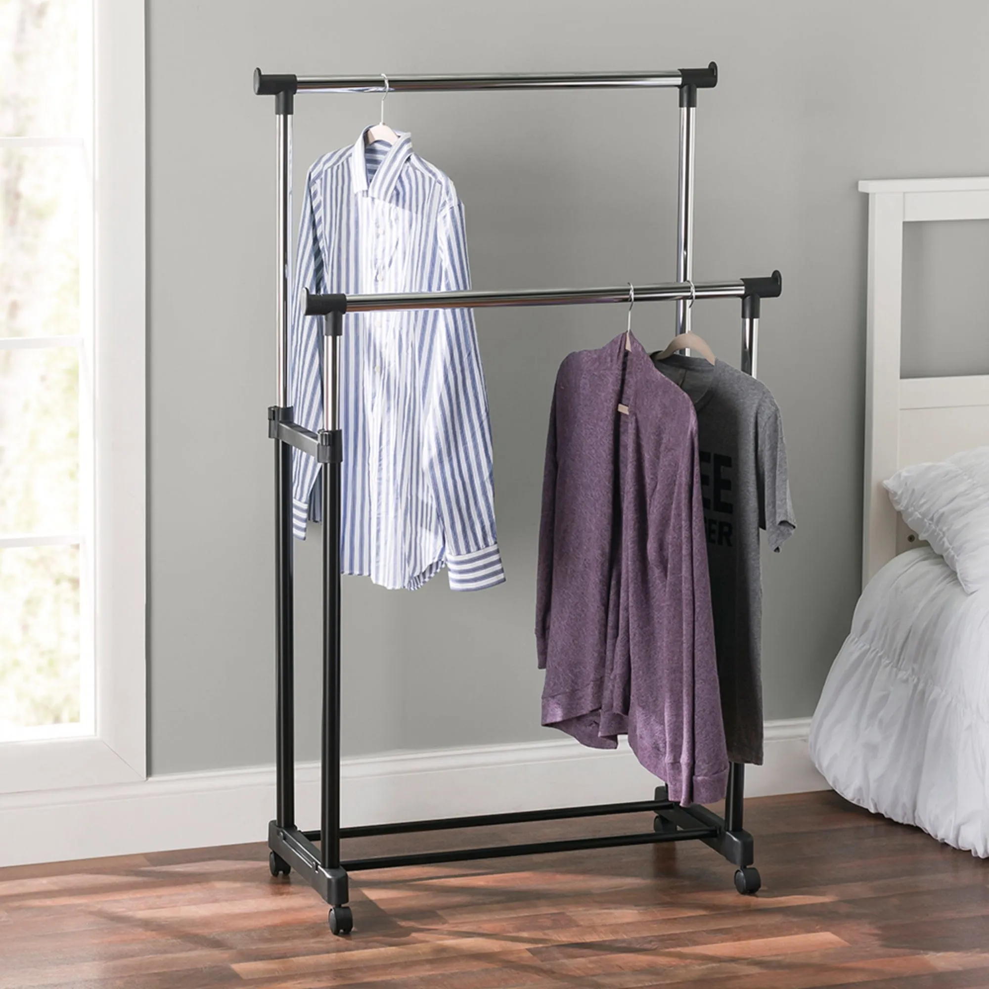 Chrome Plated Steel Double Garment Rack, Black