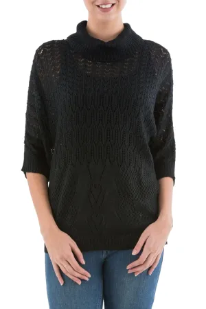 Evening Flight in Black Black Pullover Sweater with Three Quarter Length Sleeves