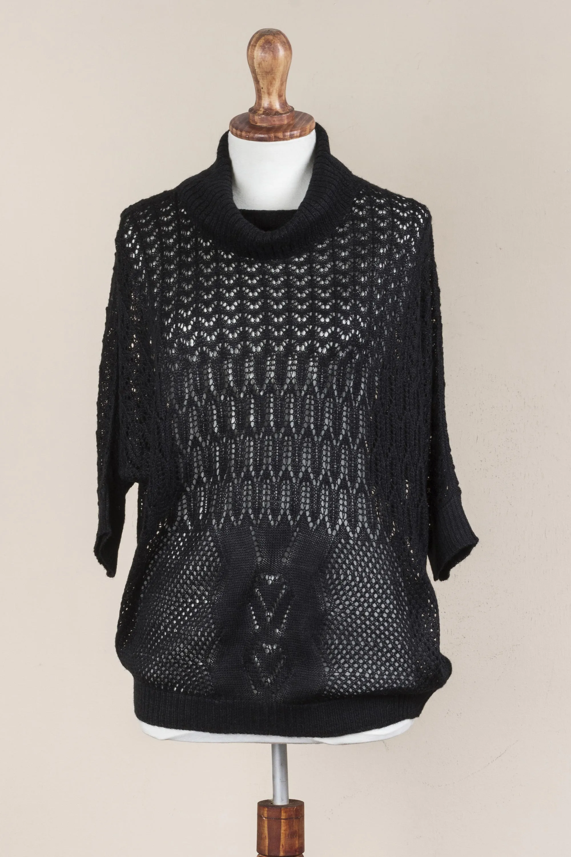 Evening Flight in Black Black Pullover Sweater with Three Quarter Length Sleeves