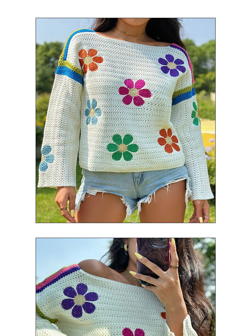 Floral Knit Loose Sweater – Colorful and Playful Design for Women