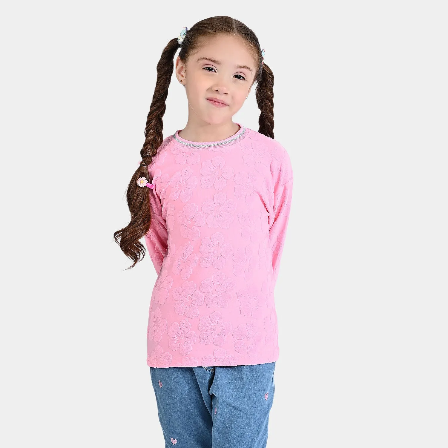 Girls Jacquard Sweatshirt Pink Flower