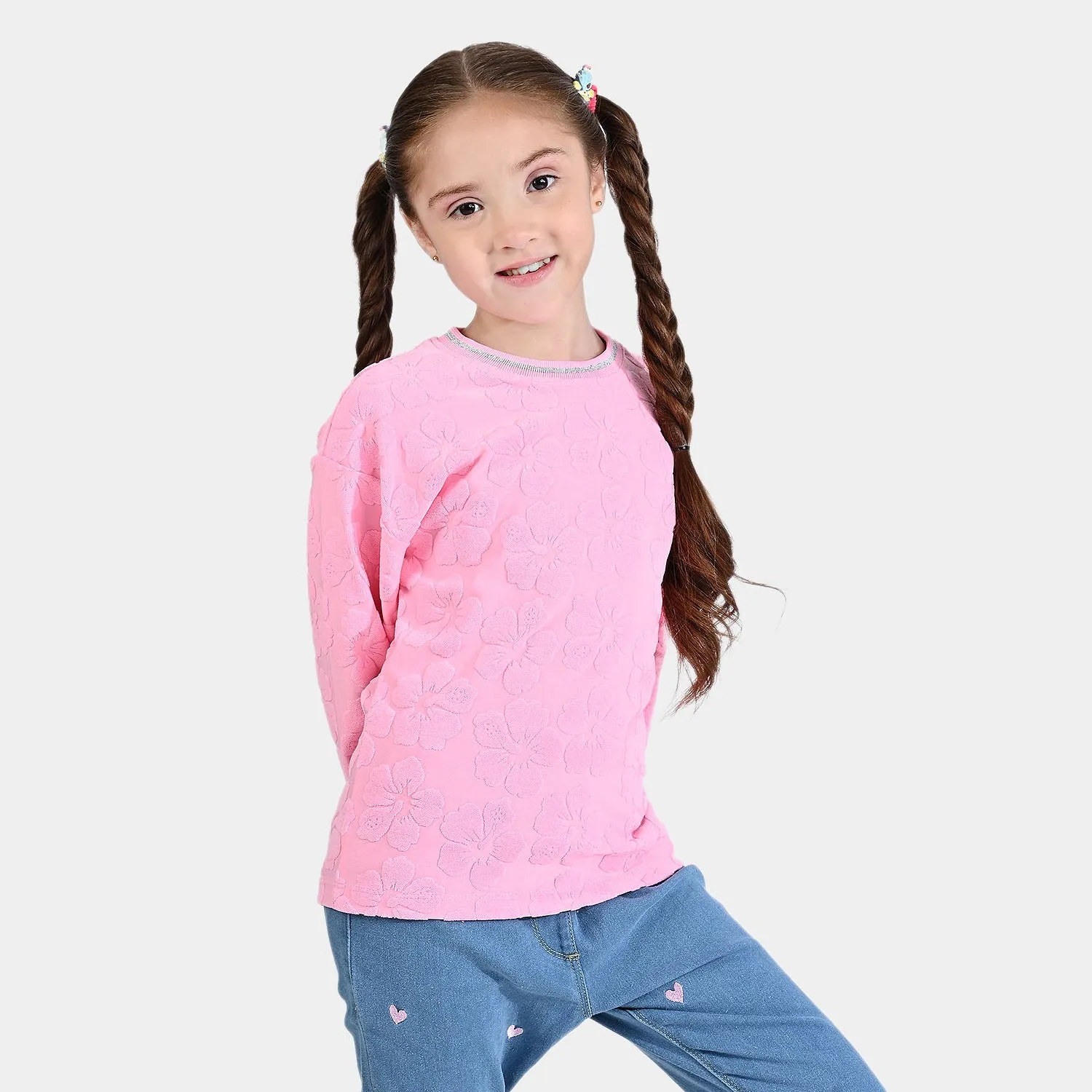 Girls Jacquard Sweatshirt Pink Flower