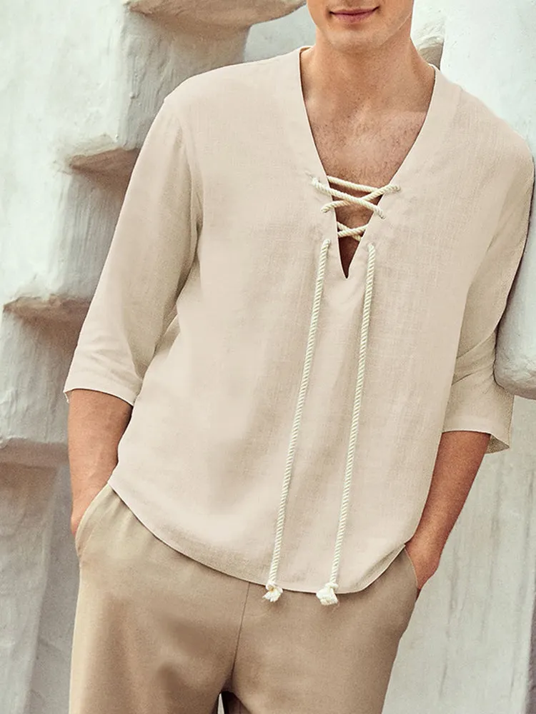 Linen Style V Neck Casual Shirts