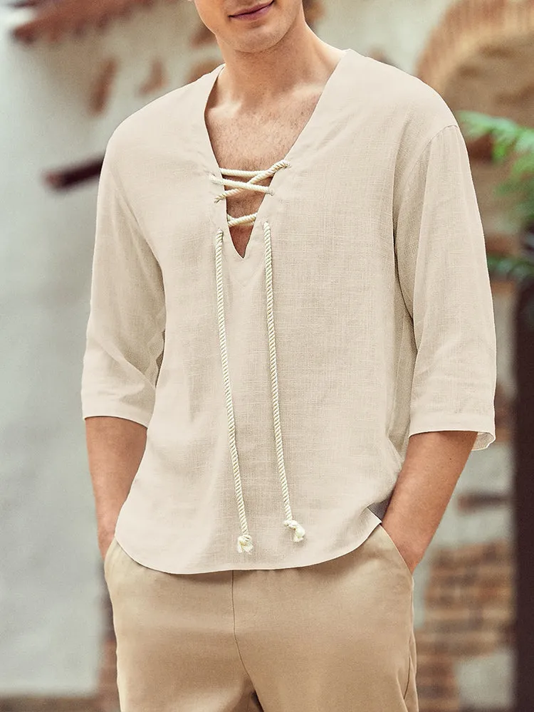 Linen Style V Neck Casual Shirts