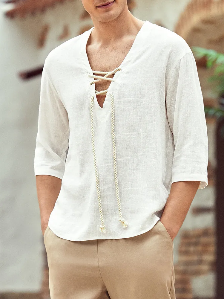 Linen Style V Neck Casual Shirts