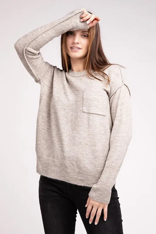 Melange Hi-Low Hem Round Neck Sweater