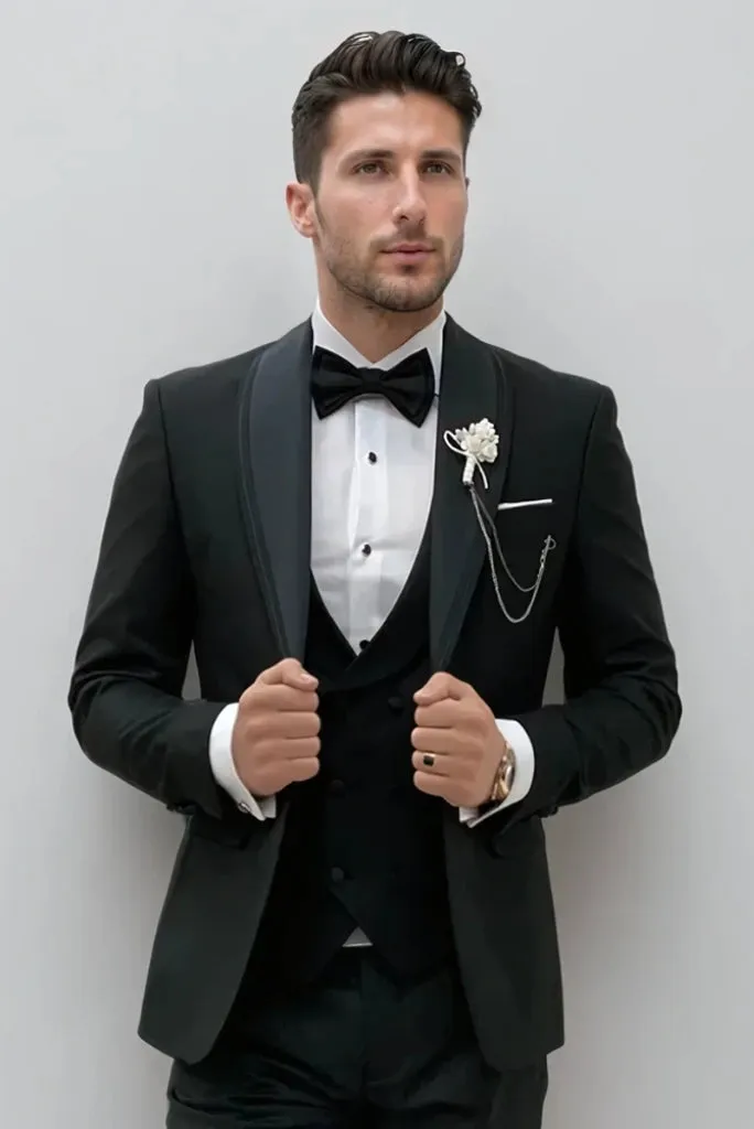 Men Black Three Piece Slim Fit Suit Groom & Groomsmen Suit For Wedding Tailored Stylish Suit Reception Party Suit Bespoke For Men