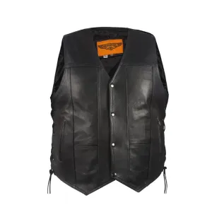 Mens Plain Style Leather Motorcycle Western Vest With Side Laces Gun Pockets