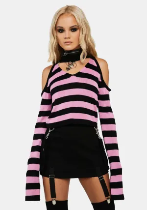 Oversized Striped Cold Shoulder Crop Sweater