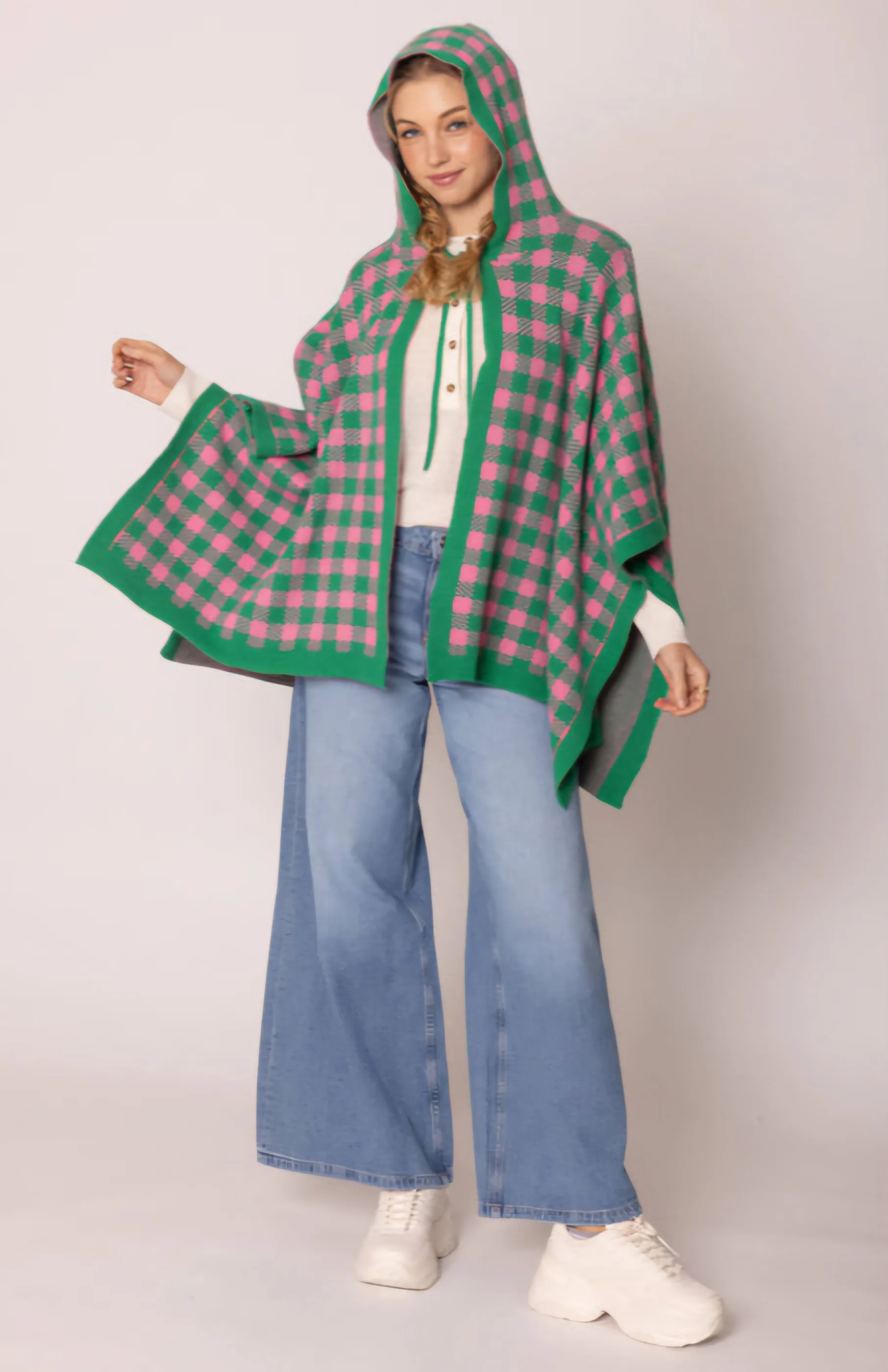 Sorority Checkered Knit Pink and Green Cape