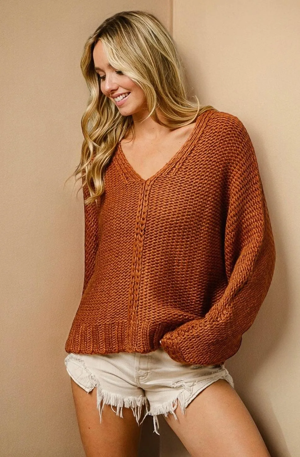 V-Neck Cable Knit Sweater