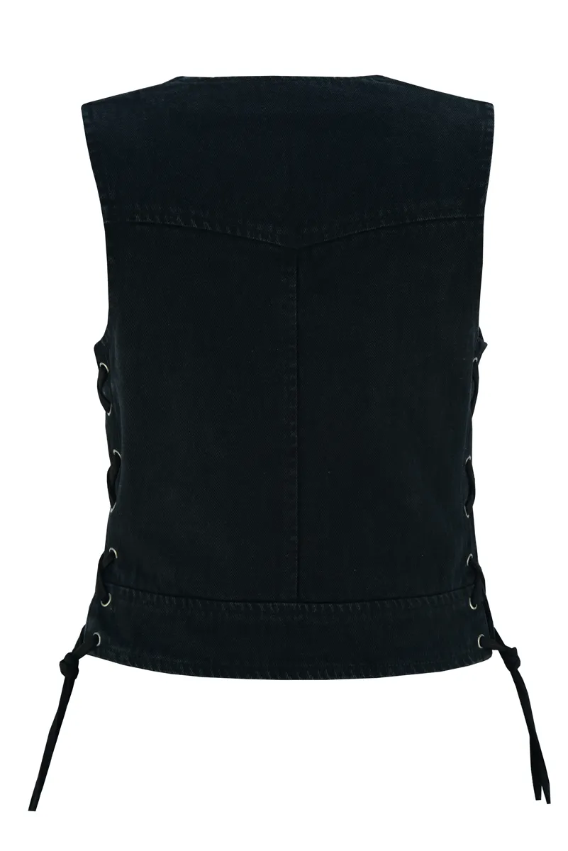 VB1042 Women's Black Denim V Neck Vest with Zipper & side laces