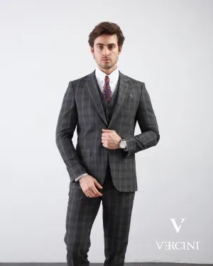 Vercini Charcoal Checkerboard Elegance Three-Piece Men's Suit