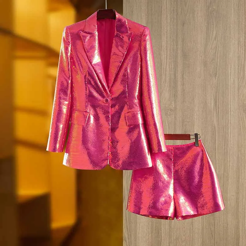 Women Sequined Bling Bling Mid-length Single Breast Blazer   Shorts Suit Hot Pink