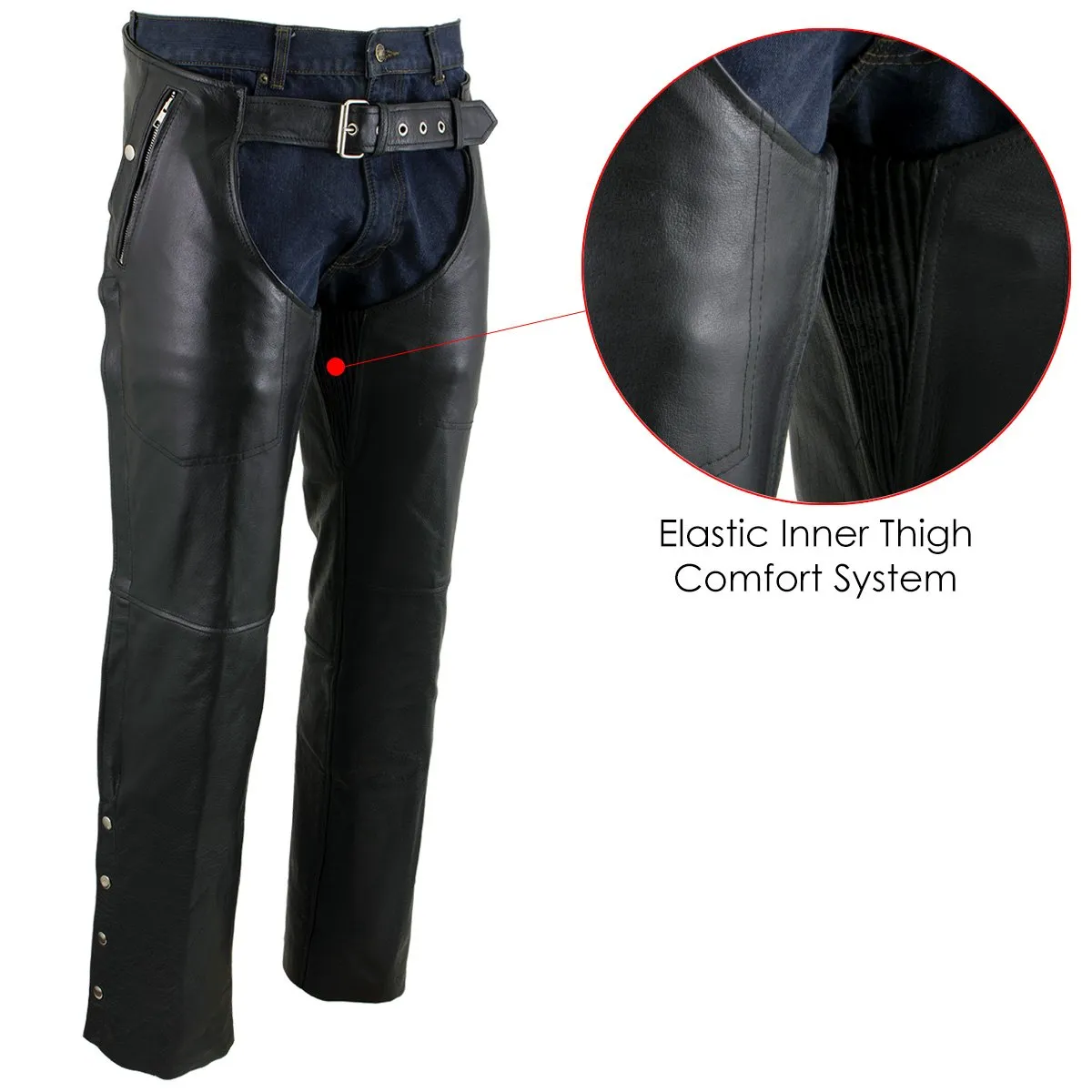 Xelement B7561 Men's Black Motorcycle Leather Riding Chaps with Removable Insulating Liner